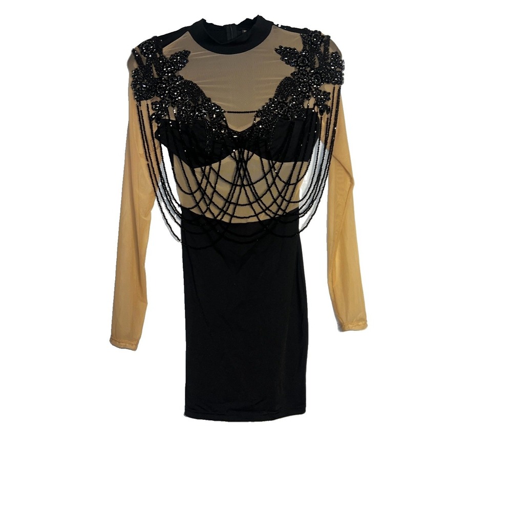 Queen Maria Size S Black Beaded Fringe Cocktail / Performance Mini Dress Size S